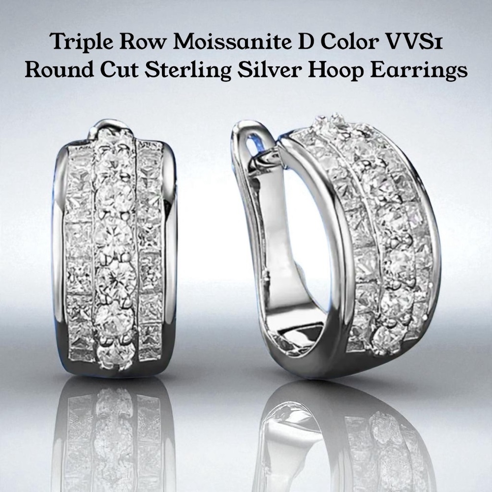 Triple Row Moissanite D Color VVS1 Round Cut Sterling Silver Earrings
